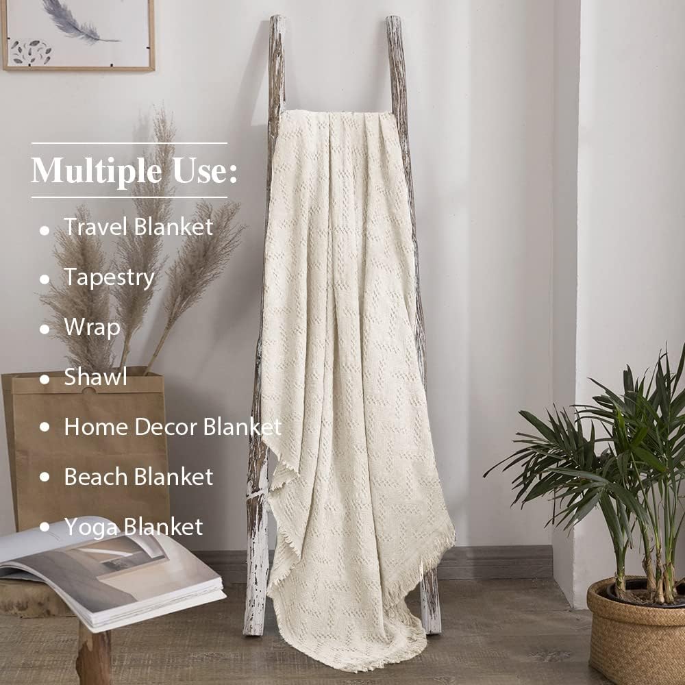Simple&Opulence 100% Cotton Throw Blanket for Bed, Couch, Boho Luxury Geometric Knit Woven Blanket with Tassels Soft Lightweight Cozy Breathable, Vintage Farmhouse Decoration for All-Season(White)