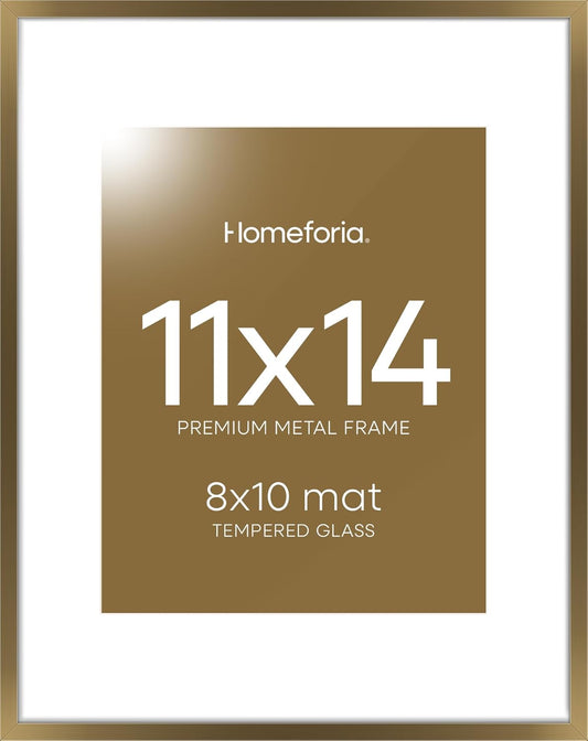 Homeforia 11x14 Bronze Picture Frame, High End Metal 11x14 Brass Frame with Mat 8x10, 11 x 14 Poster Frames Matted to 8 x 10 inch Photo, 11 by 14 Bronze Thin Frames, Tempered Glass, Wall Kit, Set of 1