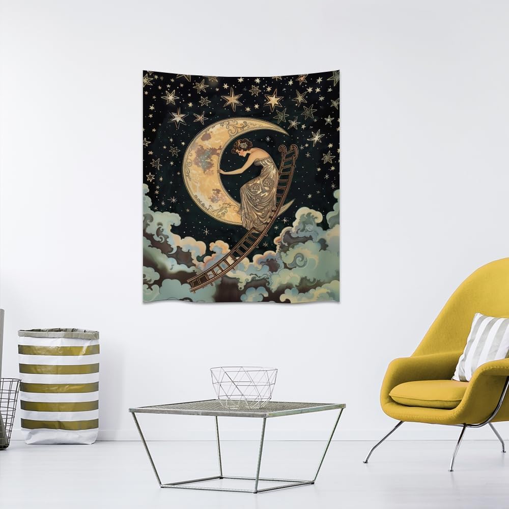 Dark Academia Gothic Aesthetic Tapestry ladder to The Moon and Stars Wall Hanging Print Trendy Vintage Art Nouveau Tapestries Decor for Home Bedroom Living Room 30x40inch