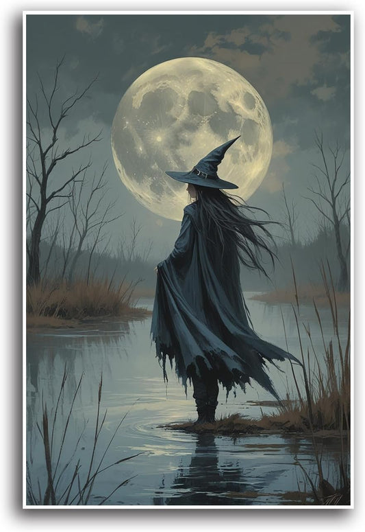 JFHCQJPK Witch in the moonlight magic canvas wall art enchanting Halloween home decor swamp witch silhouette oil painting mysterious gothic aesthetic wall decor print poster20x30in Frameless