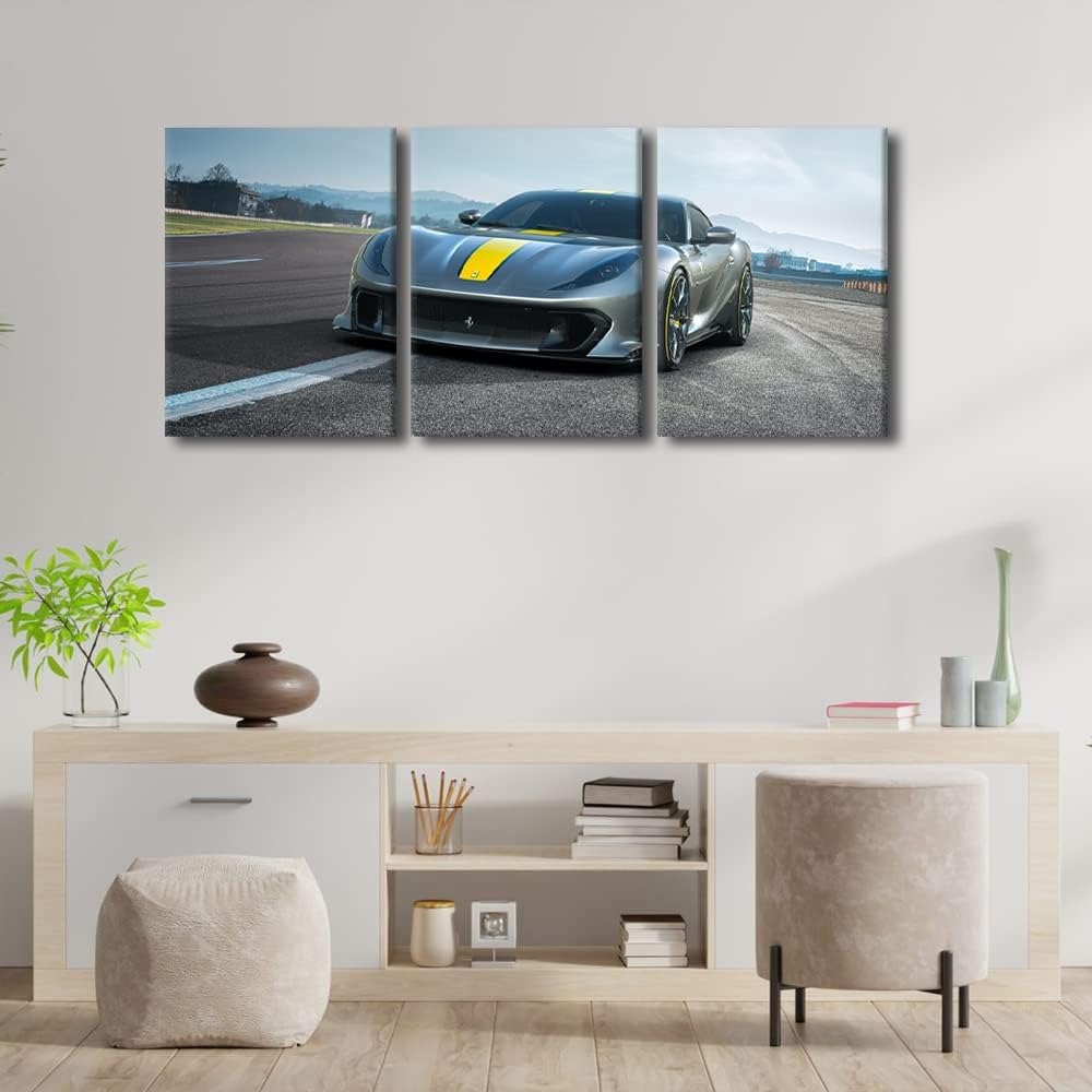 Wall Art Decor Painting on Canvas Gray Sports Car on the Road Pictures for Home Walls Speed Racing Cars Office Wall Art Framed 3 Pieces Supercar Modern Artwork for Living Room Bedroom, 36" Wx16 H