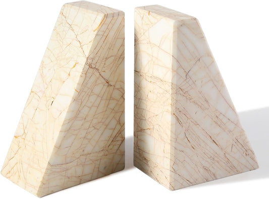 Marble Bookends，Natural Decorative Bookend for Shelves, Non-Skid Book End for Heavy Books, Idea Book Stoppers & Holder for Desk Bookshelf Decor, Modern Home Decor Cream Color Book Ends, Set of 2