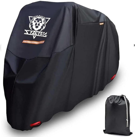 XYZCTEM Black Motorcycle Cover -Waterproof Outdoor Storage Bag,Fits up to 108" Motors,Made of Heavy Duty Material, Compatible with Harley Davison and All Motors,Professional Windproof Strap