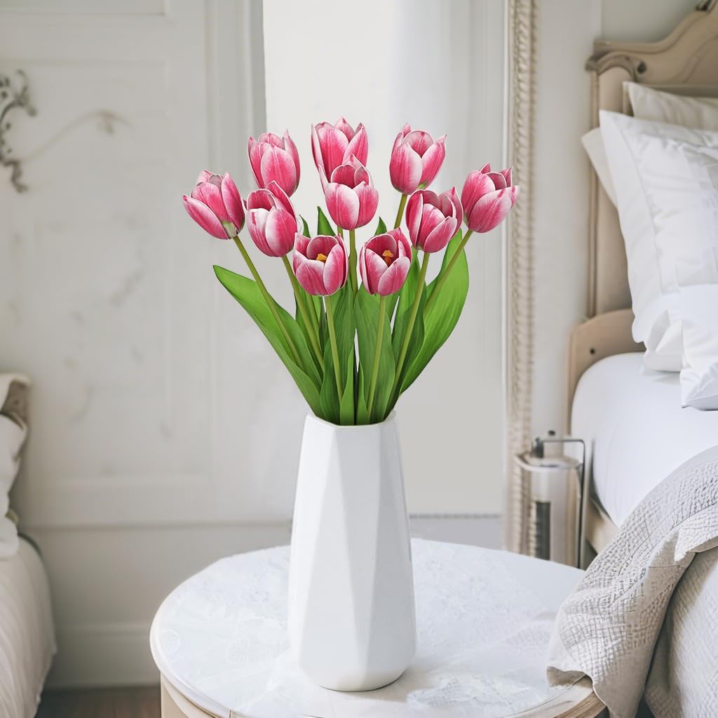 Artificial Tulips Flowers – 20" Long Stem Faux Tulips, 10PCS Real Touch Fake Red Tulip for Vase, Farmhouse, Kitchen, Spring & Wedding Home Decor