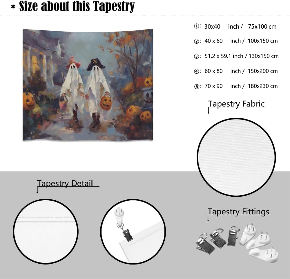 Funny Halloween Ghost Tapestry Wall Hanging Cute Kids Nursery Room Decor Trick or Treat Art Print Goth Fall Pumpkin Ghost Tapestries for Living Room Bedroom wall Decor 50x60inch
