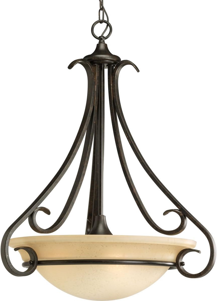 Progress Lighting 3-Light Tea Stained Glass Transitional Inverted Pendant Light, Torino Collection, Indoor, P3847-77, Forged Bronze