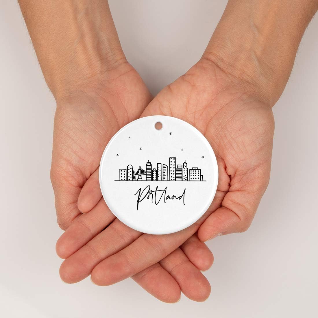 Andaz Press Round Ceramic Porcelain Christmas Tree Ornament Keepsake, Portland Black and White Stars City Skyline Graphic, 1-Pack, Birthday Gift Idea for Family, Coworker Him Her, Includes Gift Box