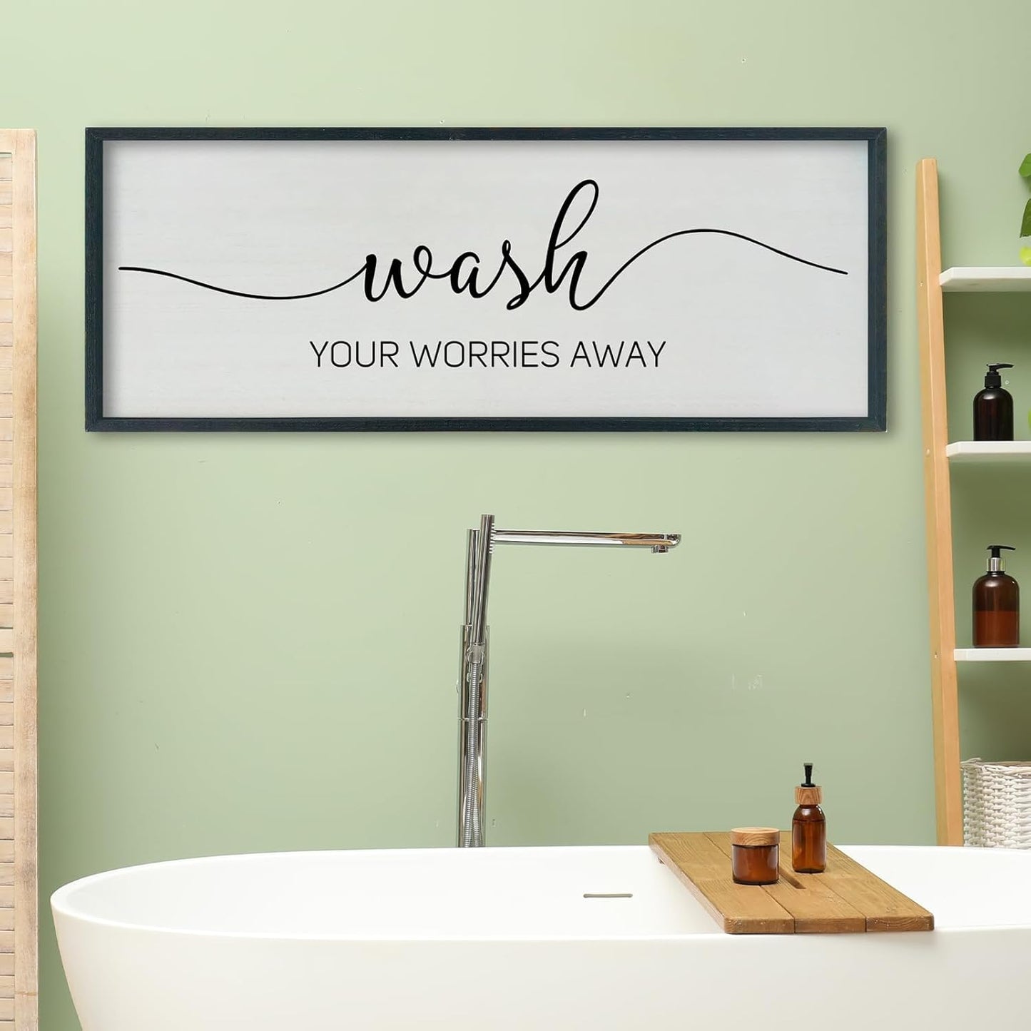 SRSZHIYUE Wash Your Worries Away Bathroom Sign Wall Art 40"x15" Funny Restroom Toilet Large Wood Framed Hanging Decor (Black)
