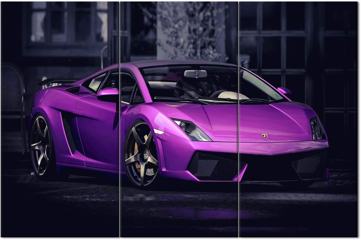 TUMOVO 3 Pieces Purple Sports Car Wall Art Picture Home Decoration Living Room Canvas Print Painting Wall Picture on Canvas with Frame Ready to Hang - 28 x 14inch x 3 Panel