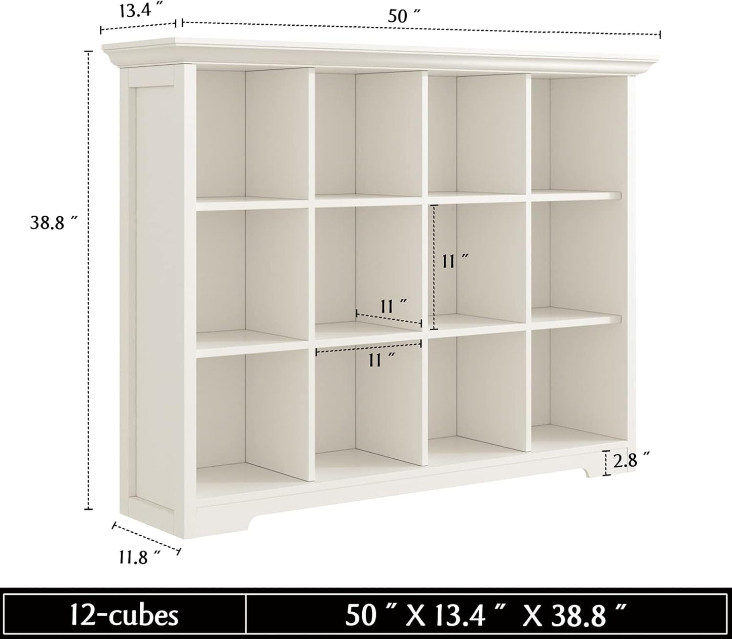 Wooden Cube Bookcase with Base - Modern 3 Tiers Floor Standing Open Shelf Cabinet for Home and Office, 12-Cube Lattice Bookshelf, Warm White