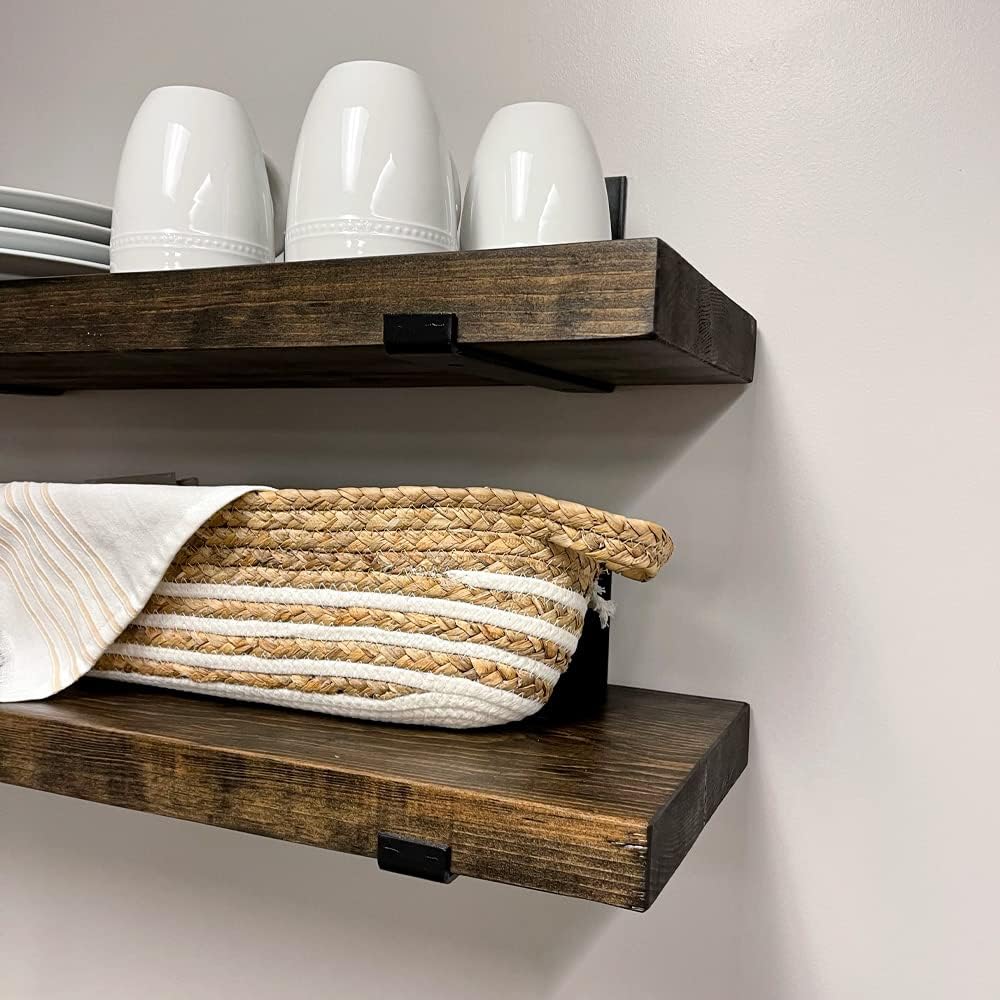 Rustic Shelves with J-Brackets Set of 2, Industrial Shelf, Kitchen Shelves, Solid Wood, Decorative Wall Storage, Heavy Duty, URBANDI (Dark Brown, 24Wx6D)