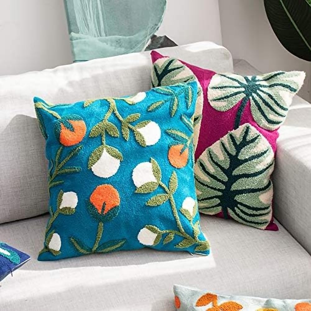 MOCOFO Canvas Embroidered Throw Pillow Cover with Flower Spring Embroidery Craft Modern Simple Sofa Office Pillow Pillow Case (Acorn, 18x18’’)