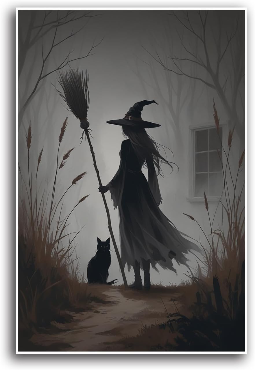 JFHCQJPK Vintage forest witch and black cat poster Halloween mural poster decoration mural art magic suitable for home living room bedroom20x30in Frameless