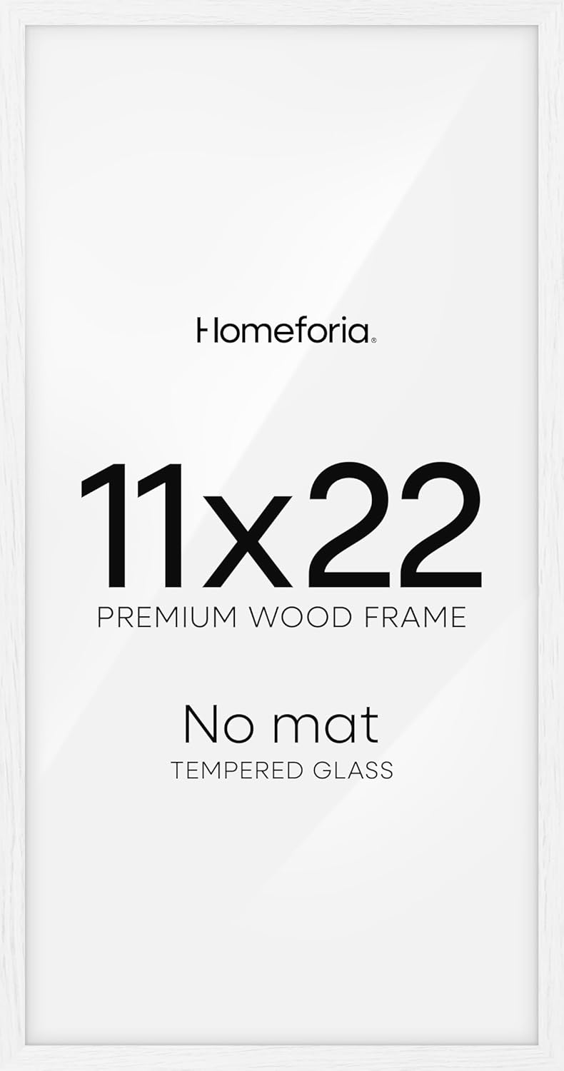 Homeforia 11x22 Newspaper Frame White, High End Oak 11 x 22 Picture Frames Wood without Mat, 22x11 Thin Wooden Poster Frames for Wall, 11 by 22 Display Photo Frames, Tempered Glass, Wall Kit, Set of 1