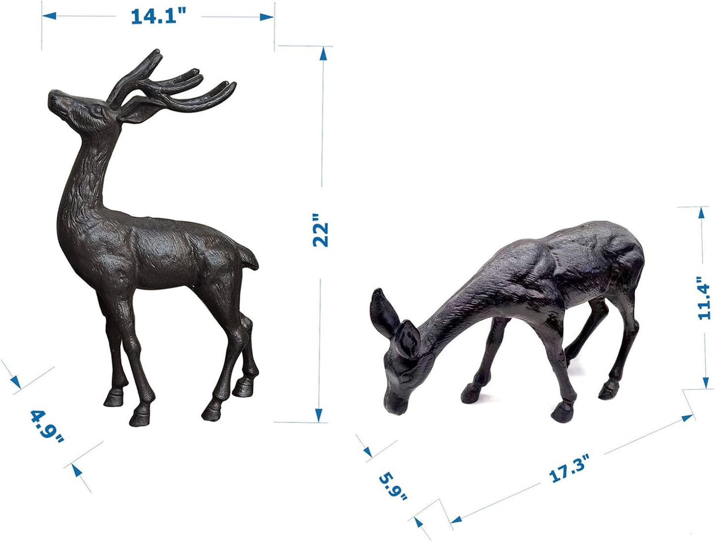 Elegant Pair of Cast Iron Deer Sculptures -22" and 11.4" Tall Male and Female Set for Outdoor Garden Decor, Realistic Animal Statues HC3672-5691