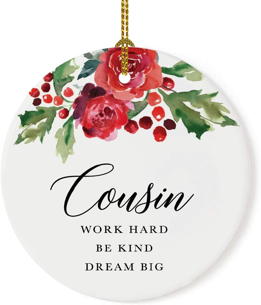 Andaz Press Round Ceramic Porcelain Christmas Tree Ornament Keepsake Gift for Cousins, Cousin Work Hard Be Kind Dream Big, 1-Pack, Includes Ribbon and Gift Box