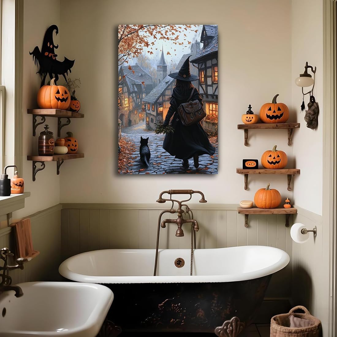 Autumn Witch And Black Cat Picture Wall Decor,Halloween Canvas Vintage Rustic Wall Art,Preppy Bedroom Living Room Bathroom Poster Print,16"x24" Framed