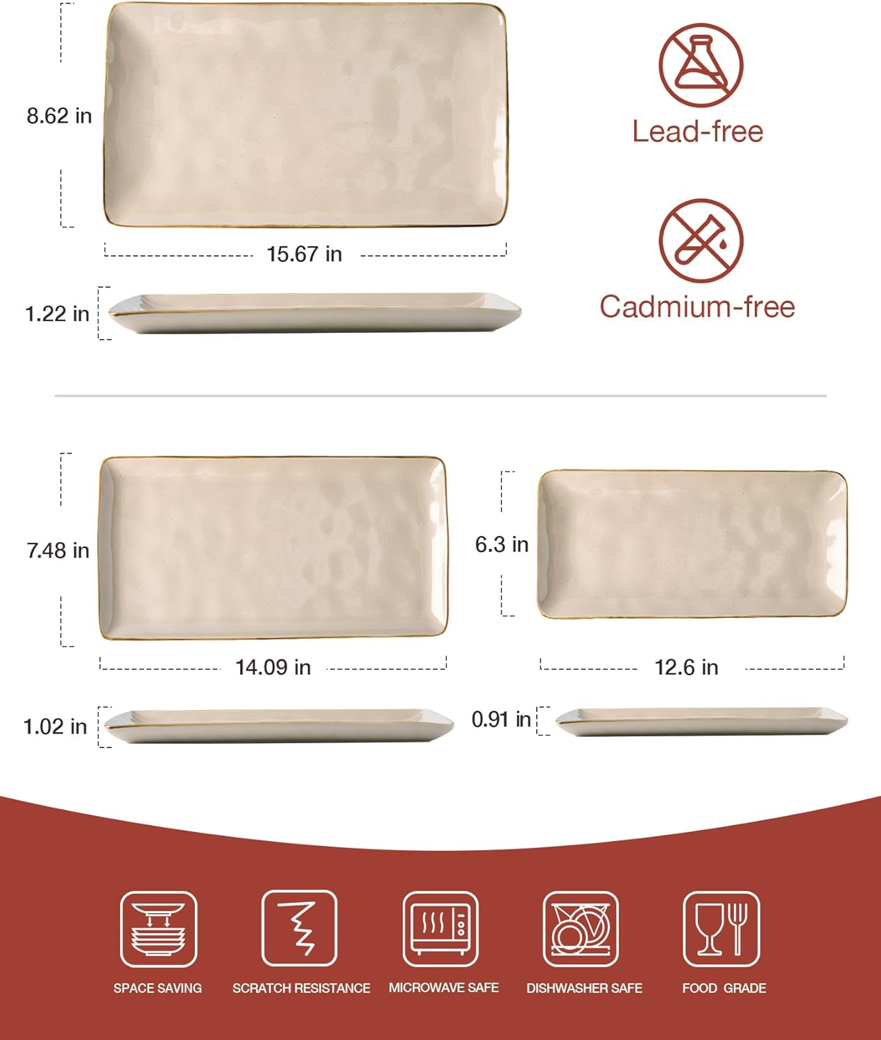 famiware Serving Platter, Rectangular 15.67/14.1/12.6 inch Serving Dishes for Entertaining, Microwave Dishwasher Safe, Stonware Serving Trays for Party, Turkey, Cheese, Ocean Series, Cinnamon Brown