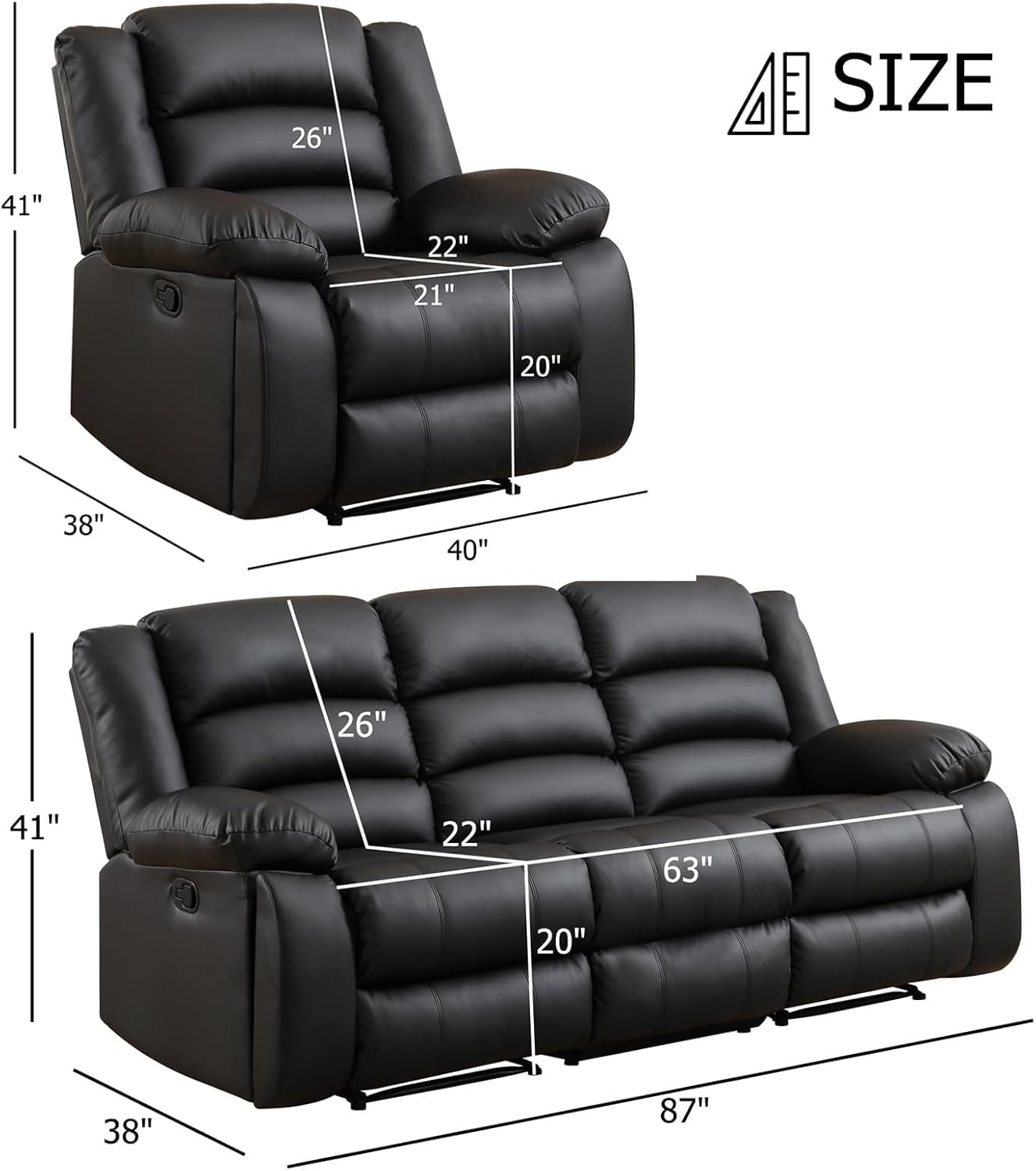 EBELLO Faux Leather Manual Recliner Sofa Set, 2 Recliner Chair, 3 Seat Reclining Sofa, Couch Set for Living Room, Bedroom, Meeting Room, Black (2Recliner+Sofa)