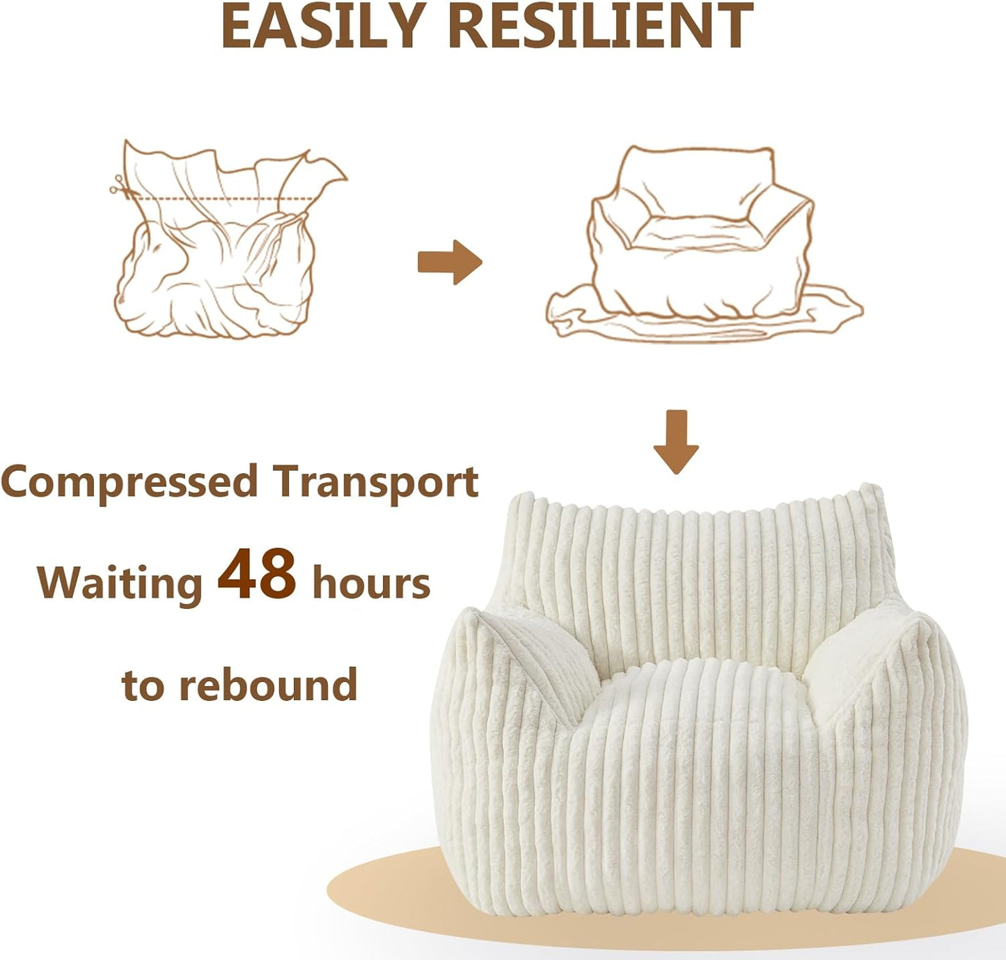 Giant Bean Bag Chairs for Adults Teens, Large Bean Bag Sofa Chairs with Filling Comfy Fuzzy BeanBag Chair with Armrests for Bedroom Living Room Reading