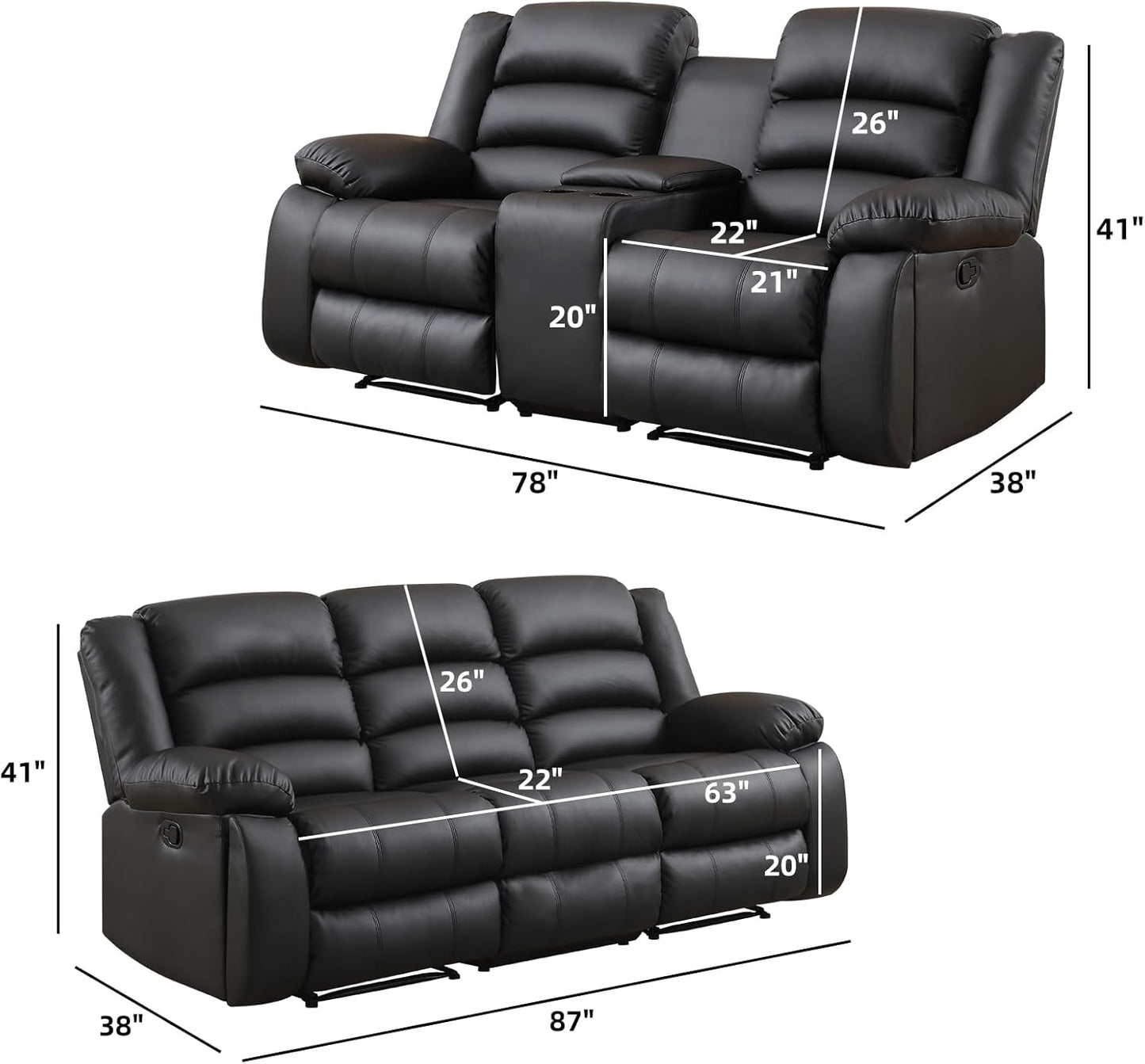 EBELLO Faux Leather Manual Recliner Sofa Set, Loveseat Reclining Sofa and 3 Seat Recliner Sofa, Couch Set for Living Room, Bedroom, Meeting Room, Black (Loveseat+Sofa)