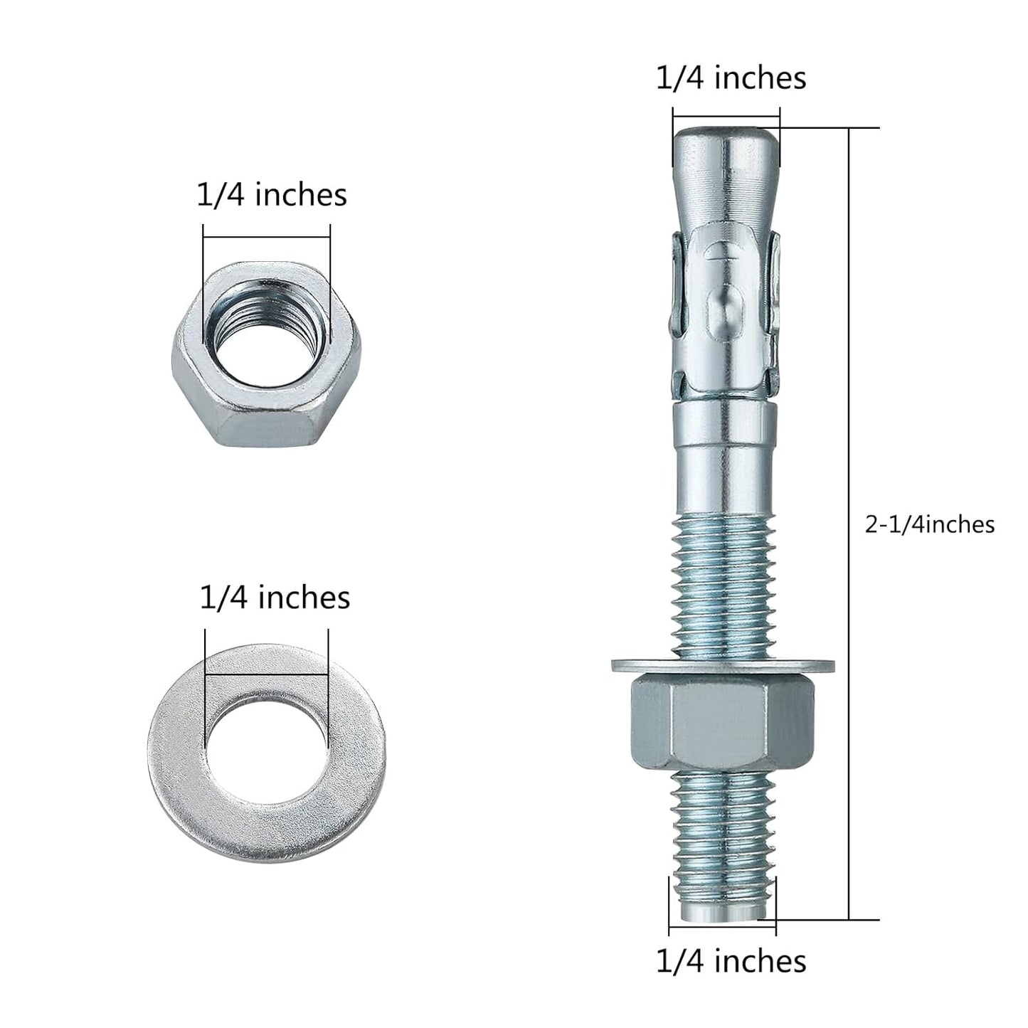 1/4x2-1/4 10Pcs Inch Standard Fasteners for Heavy-Duty Zinc Wedge Anchors for Cement and Concrete