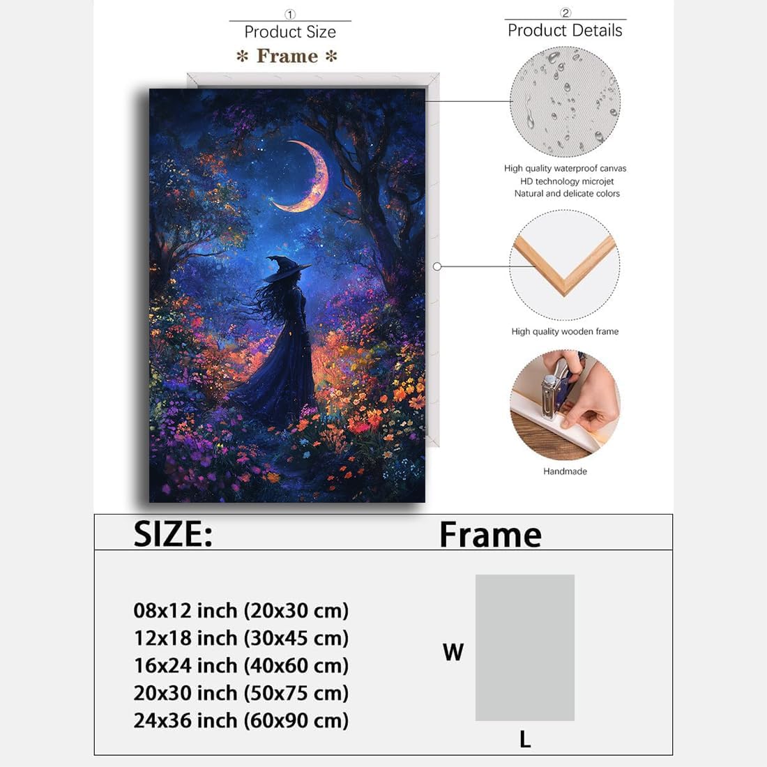 Vintage Halloween Witch Decor Mystic Gothic Wall Art Poster,Enchanting Witch Fall Whimsical Wildflowers Woodland Forest Crescent Moon Picture Art,Creepy Witchy Home Decor,24"x36" Framed