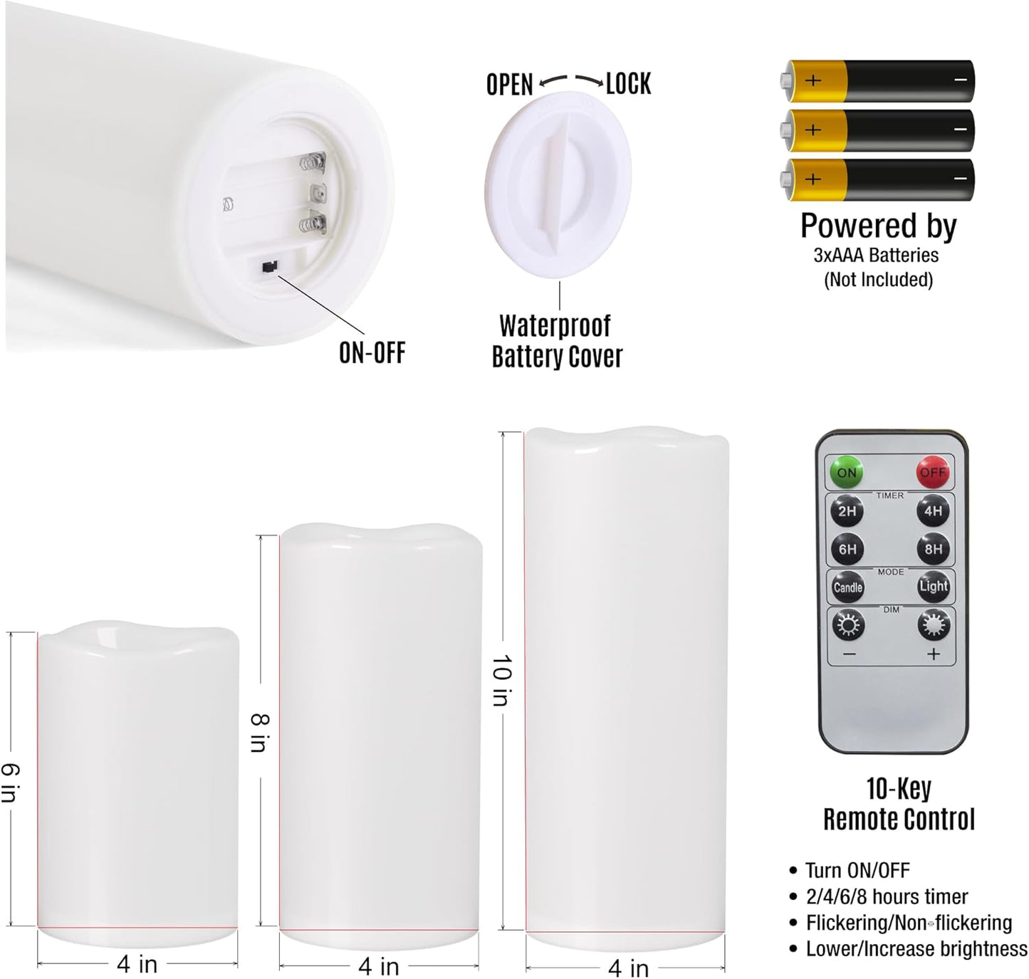 6" 8" 10" x 4" White Large Waterproof Outdoor Flameless Candles Battery Operated LED Flickering Pillar Candles with Remote and Timer for Indoor Outdoor Lanterns, Long Lasting, Set of 3