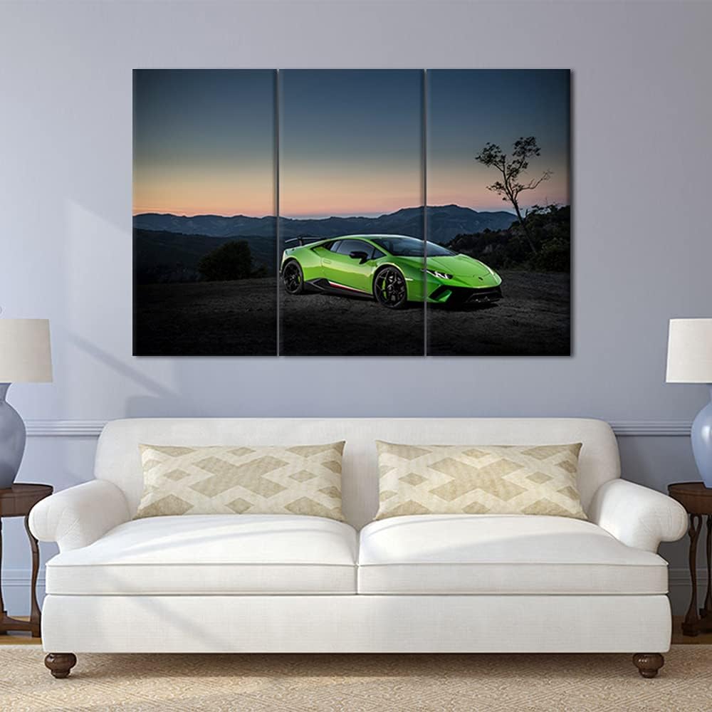 TUMOVO 3 Piece Canvas Wall Art - Green Sports Car on The Mountain Top- Modern Home Decor Stretched and Framed Ready to Hang - 12 x 24 inch x 3 Pieces