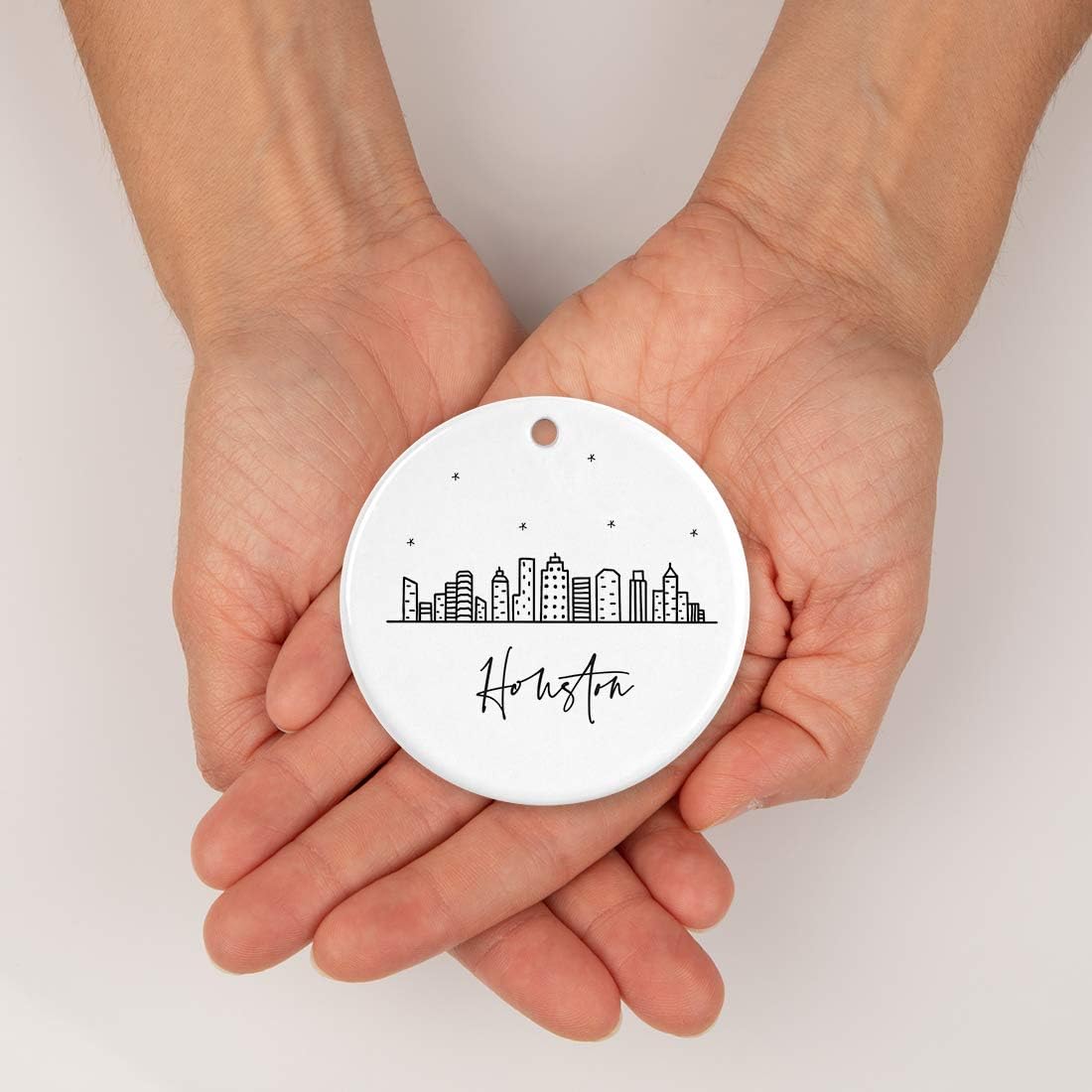 Andaz Press Round Ceramic Porcelain Christmas Tree Ornament Keepsake, Houston Black and White Stars City Skyline Graphic, 1-Pack, Birthday Gift Idea for Family, Coworker, Him, Her, Includes Gift Box