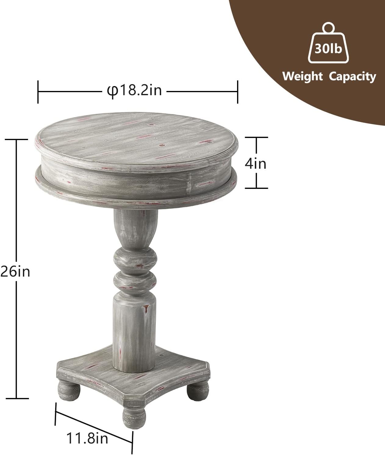 COSIEST Rustic Accent Side Table, Farmhouse Wood Pedestal Table Round End Table for Living Room, Bedroom, Distressed Whitewash Finish, Grey Color