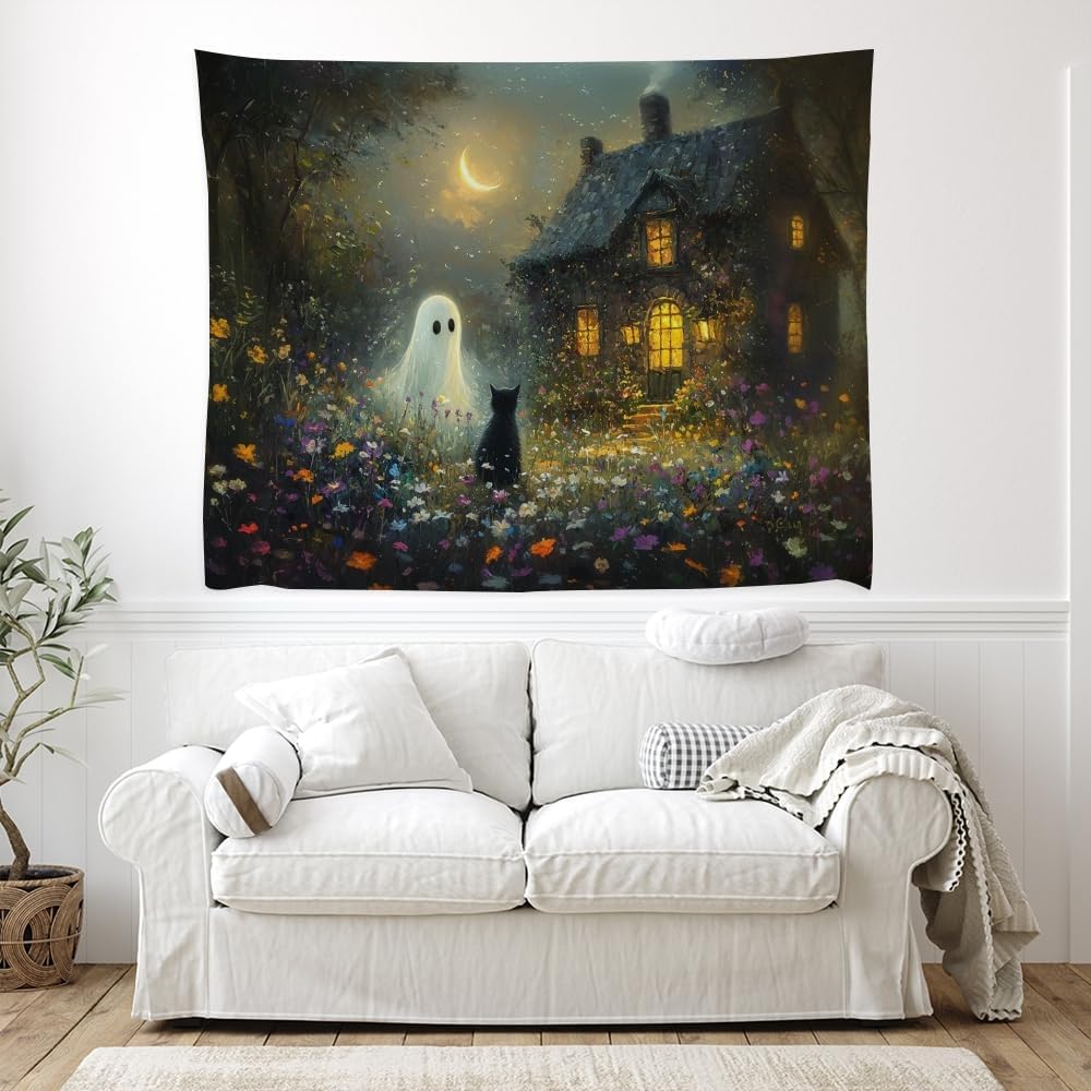 Halloween Black Cat and Ghost Tapestry Wall Hanging for Spooky Cute Bedroom Decor Dark Academia Moon Wildflower Cottage Tapestries Aesthetic for Home Living Room Decoration 40x60inch