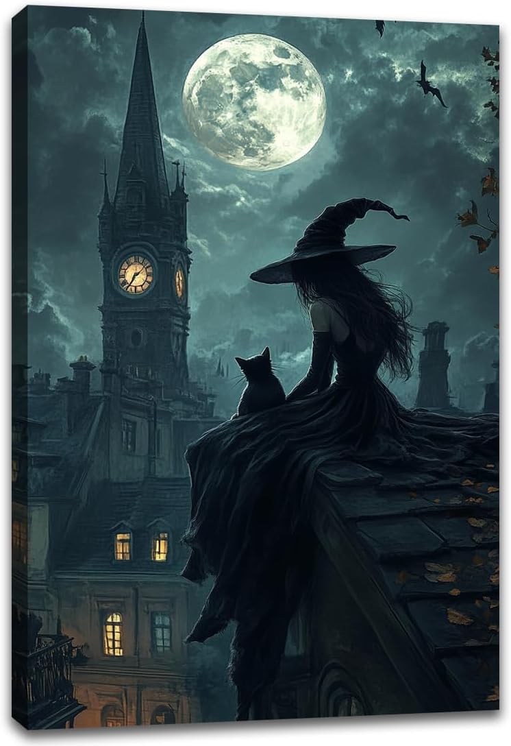 Halloween Witch Black Cat Wall Art,Magical Moon Witch on Roof with Black Cat at Night Scene Painting Haunting Dark Witches Canvas Print for Haunted House Party Decor Poster,20"x30" Framed