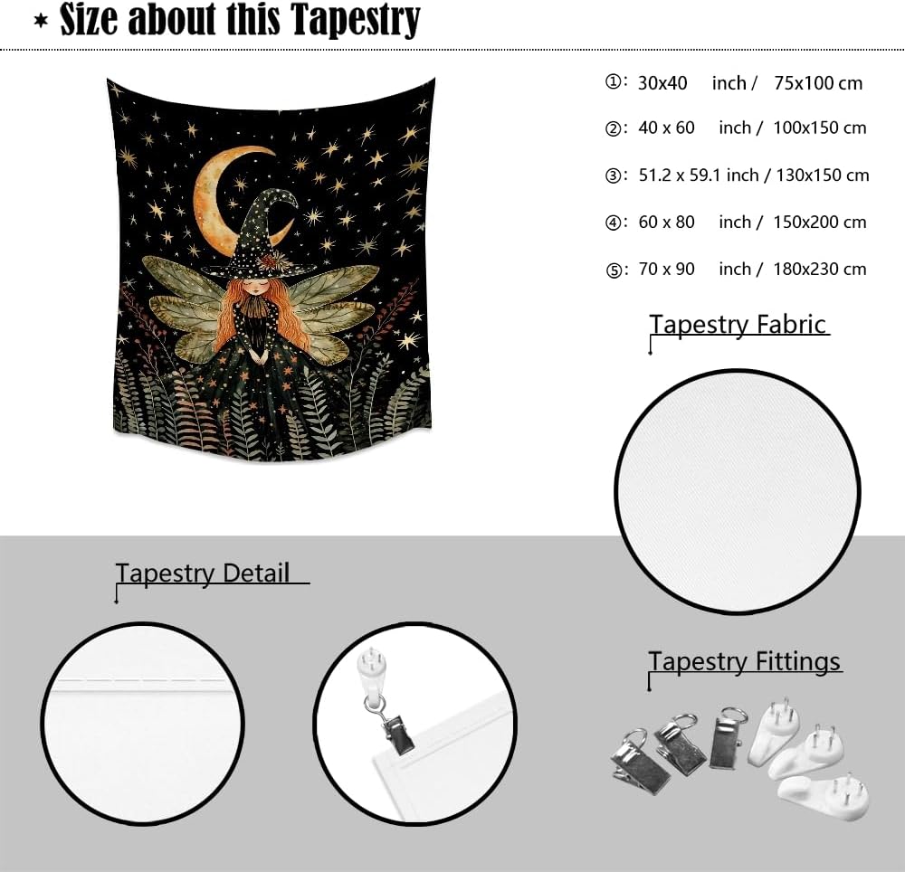 Dark Academia Witch Fairy Tapestry Wall Hanging Magical Moon Starry Night Art Print Halloween Witchy Artwork Aesthetic Wall Tapestries for Girls Bedroom Living Room Dorm Decoration 60x80inch