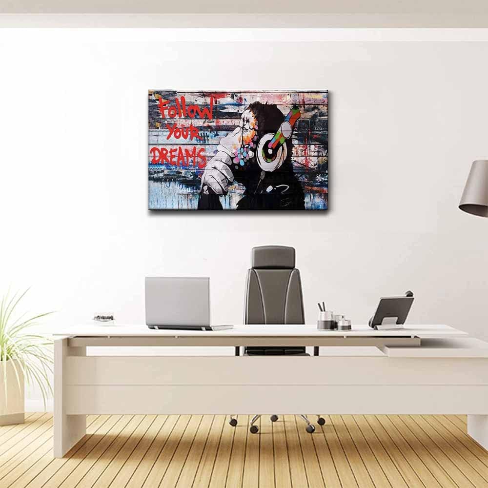 Framed Banksy Graffiti Canvas Wall Art Follow Your Dreams Monkey Poster With Headphones Prints Street Painting Picture Man Cave Wall Decor Pop Art for Living Room Ready To Hang 12"Wx16"H (30x40cm))