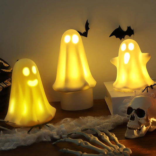 [Timer] Light Up Ghost Halloween Decor, 3 Pcs Ceramic Halloween Ghost Decorations Indoor, Cute White Ghost Figurines Statue for Indoor Decor Home Table (A)