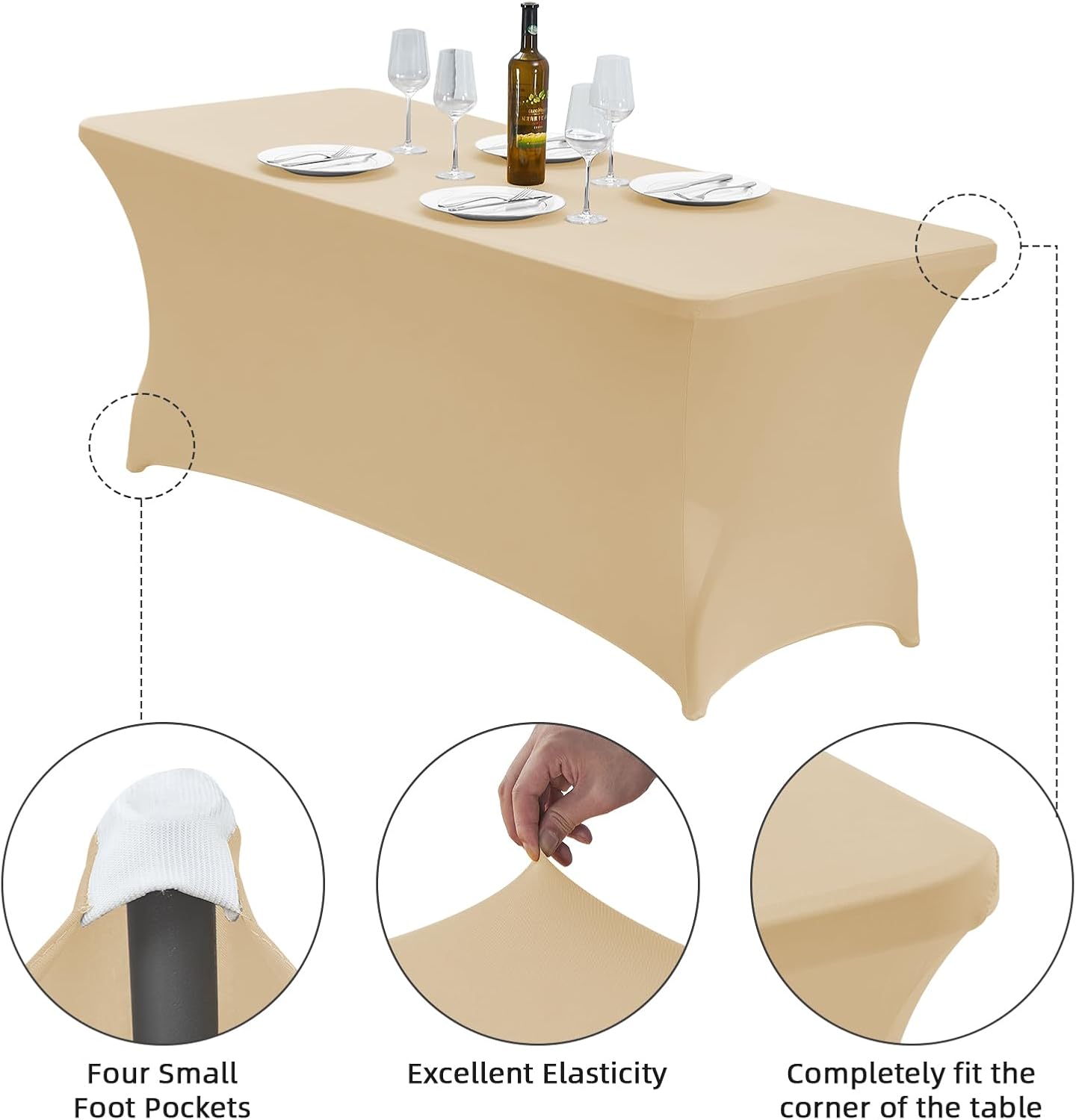 CWK 6FT Stretch Spandex Table Cover for Rectangular Tables - Elastic Fitted Tablecloth for Folding Tables,Wrinkle Resistant Table Cloth for Parties, Weddings, Banquets & Events (Champagne)