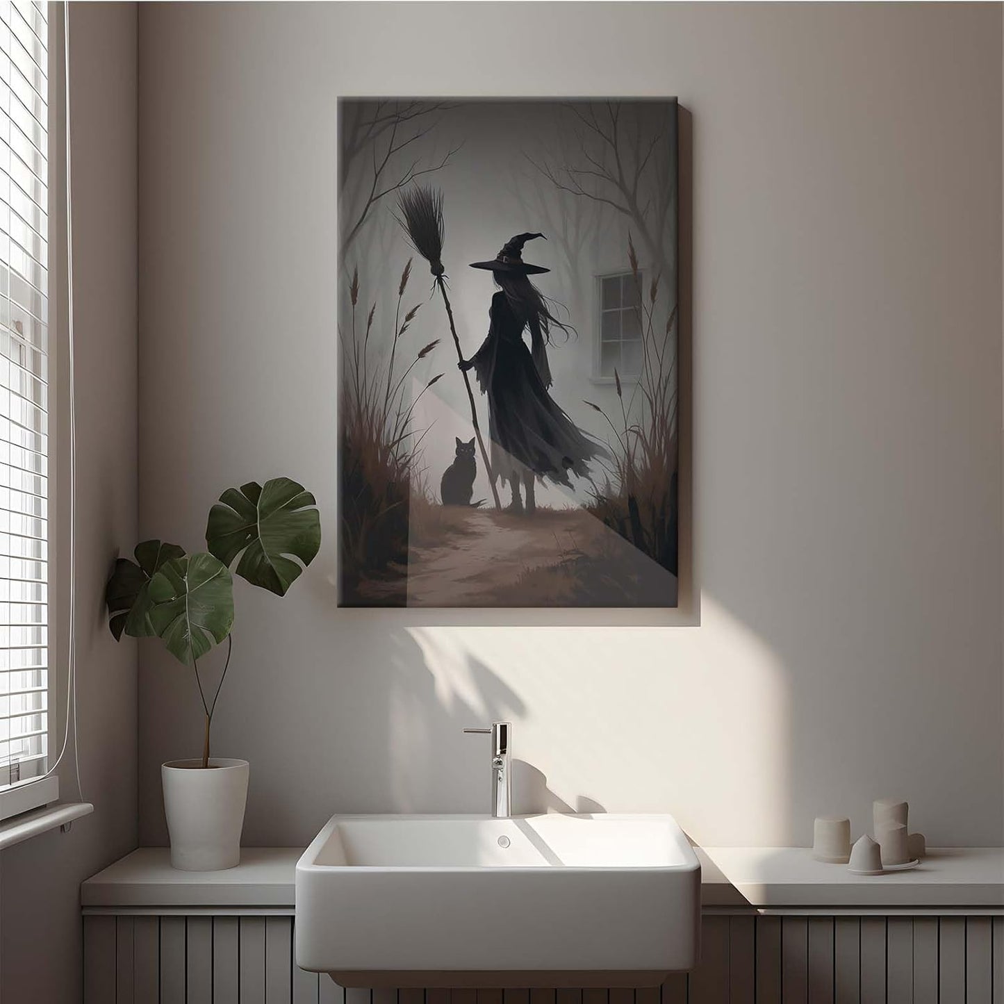 Vintage forest witch and black cat poster Halloween mural poster decoration mural art magic suitable for home living room bedroom24x36in Wood Framed