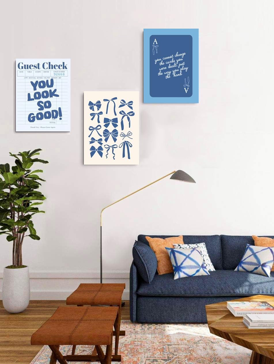 Blue Preppy Wall Art Framed Set of 3 Trendy Navy Bow Posters Retro Guest Check Canvas Prints Poker Painting Minimalist Positive Quote Picture Room Decor Aesthetic for Living Room Dorm Apartment12x16in