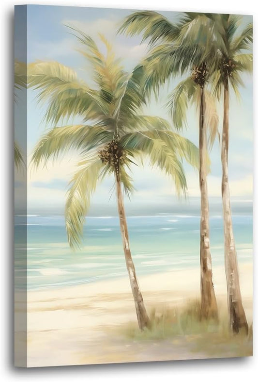 LURENCZH Tropical Beach Canvas Wall Art Seaside Palm Tree Picture Wall Decor Ocean Scenery Painting Prints for Bathroom Decor Framed(Beach-3,16.00" x 24.00")