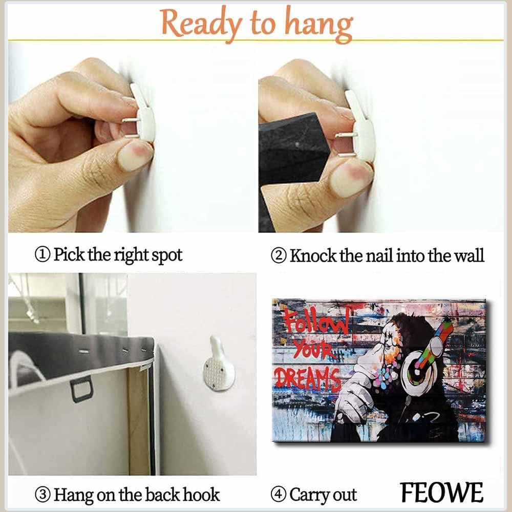 Framed Banksy Graffiti Canvas Wall Art Follow Your Dreams Monkey Poster With Headphones Prints Street Painting Picture Man Cave Wall Decor Pop Art for Living Room Bedroom Office 24" Wx36 H (60x90cm)