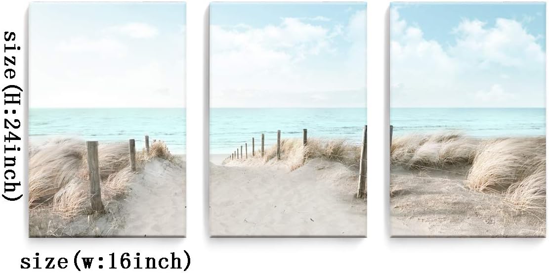 3 Piece Large Canvas Bedroom Wall Art Beach Blue Sea Blue Sky Print Picture Framed Wall Decor for Living Room Bathroom Modern Home Decor Artwork Ready to Hang Coastal Wall Decorations Size 16x24x3
