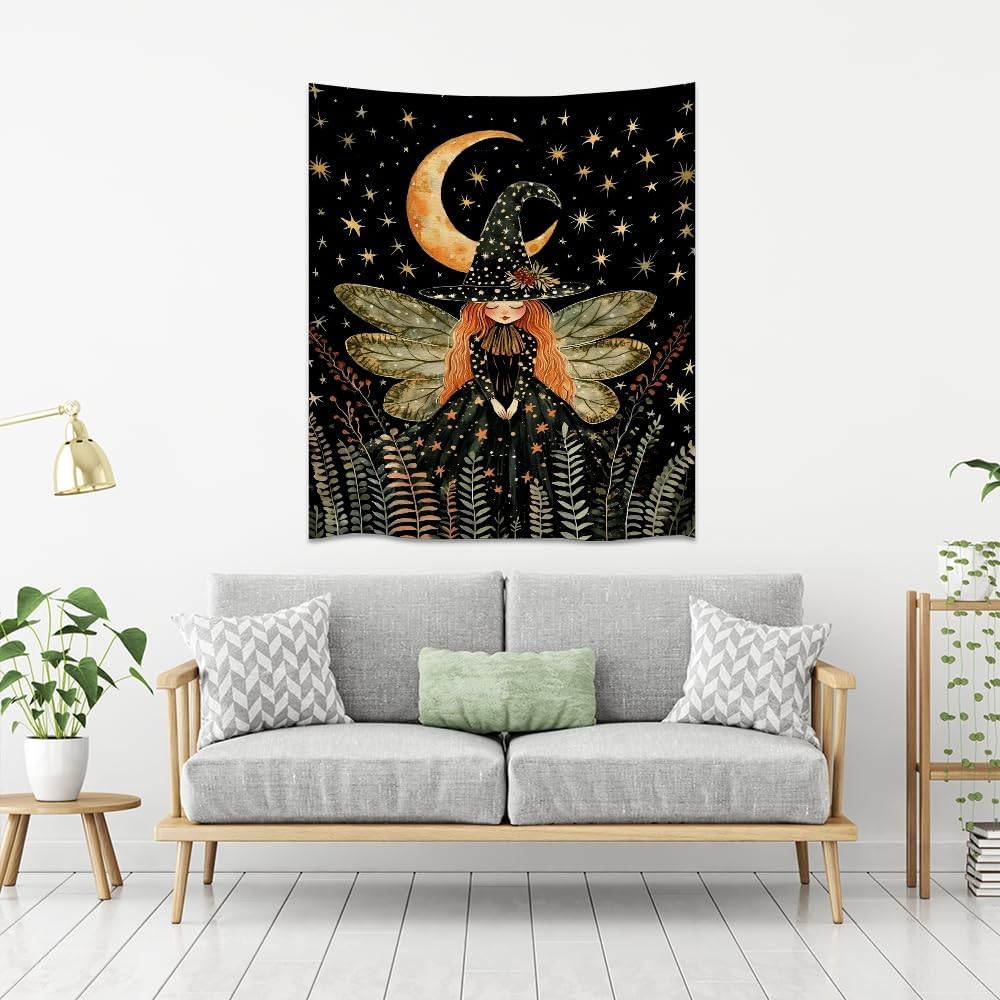 Dark Academia Witch Fairy Tapestry Wall Hanging Magical Moon Starry Night Art Print Halloween Witchy Artwork Aesthetic Wall Tapestries for Girls Bedroom Living Room Dorm Decoration 60x80inch