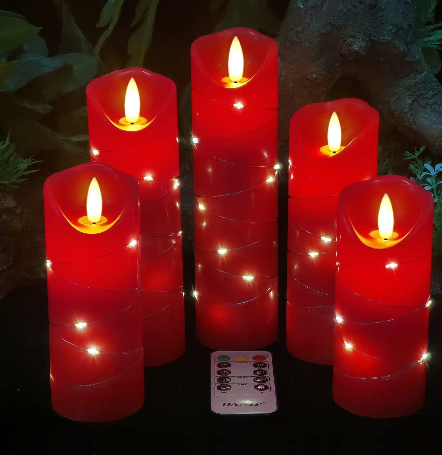 DANIP Red LED Flameless Candle with Embedded Star String, 5Piece LED Candle with 11 Button Remote Control, 24 Hours Timer Function, Dancing Flame, Real Wax, Battery Powered.