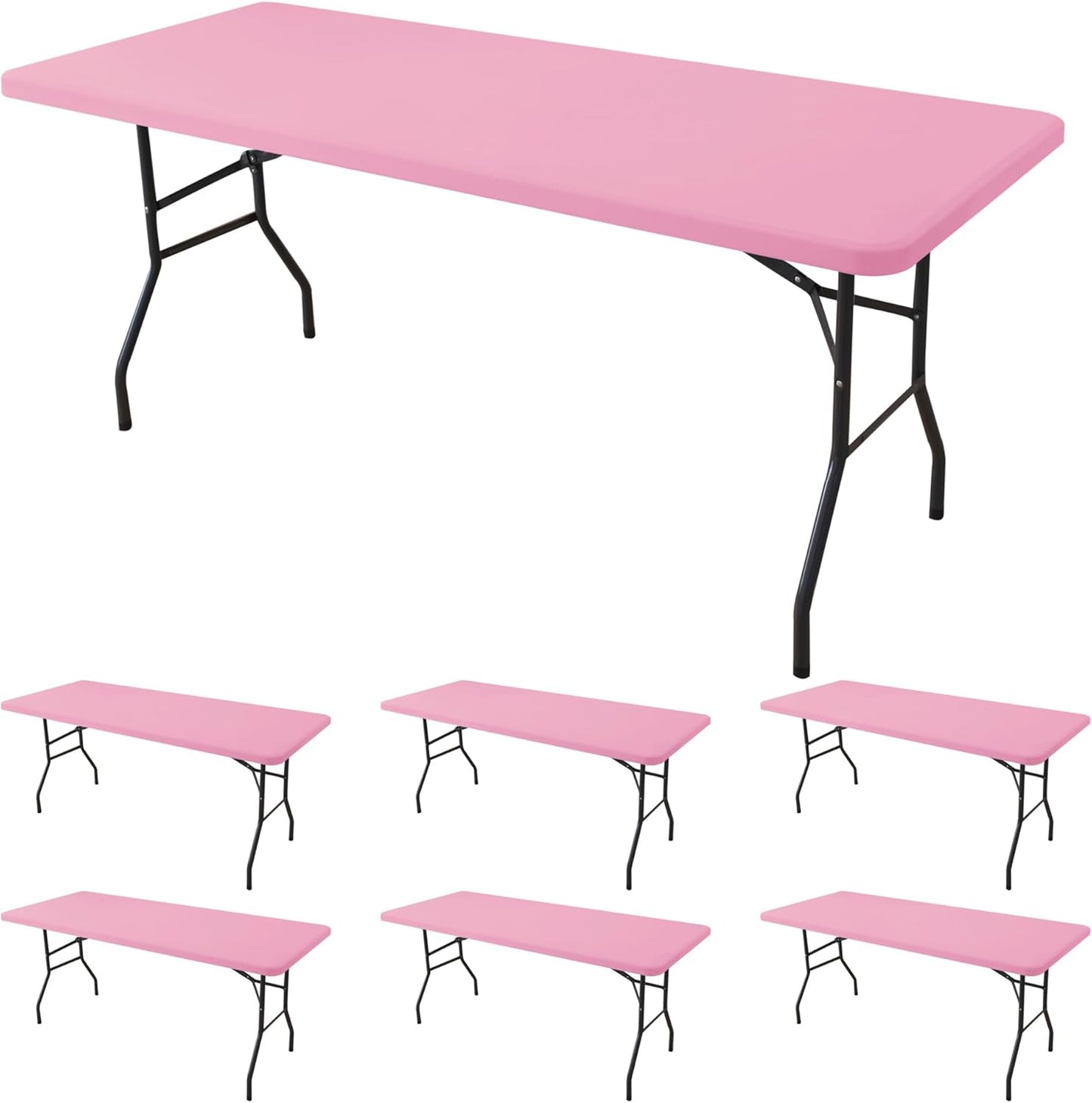 Fitted Tablecloth for 8 Foot Rectangle Tables-6 Pack Pink Elastic Outdoor Picnic Table Cover-Spandex Stretch Folding Table Cloths 8ft for Camping Dining Room Patio Kitchen Banquet Party