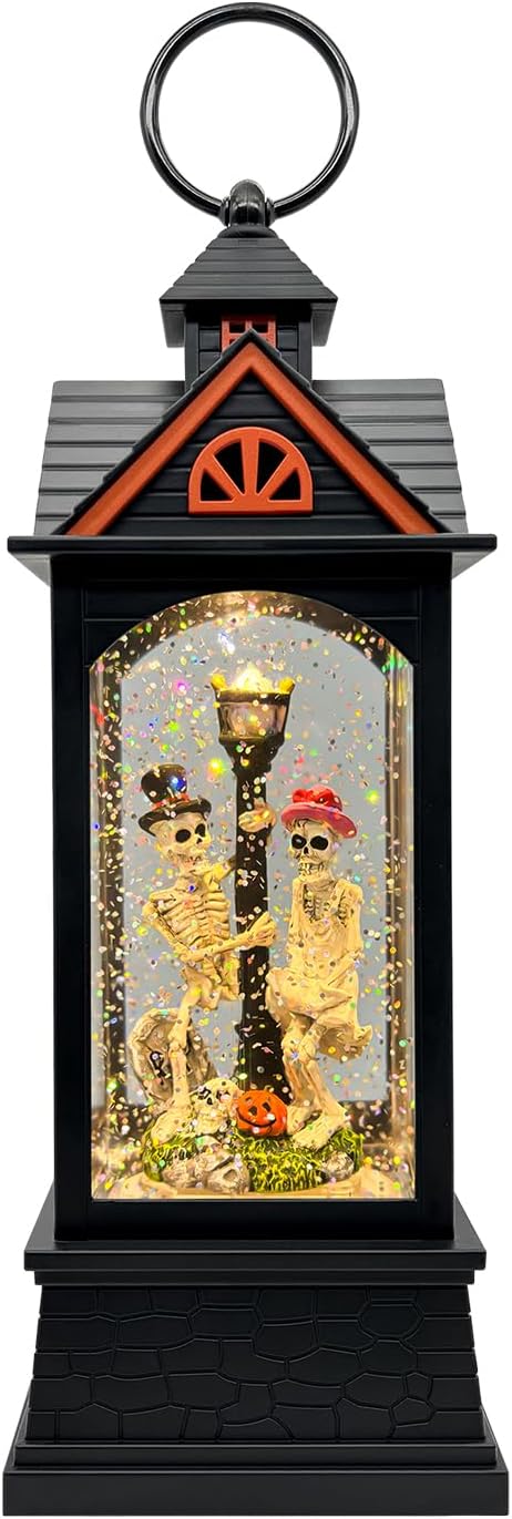 Halloween Snow Globe Lantern with 6 Hour Timer,Halloween Decorations Indoor for Home,Halloween Decor,USB or Battery Powered for Halloween Lanterns,Halloween Skeleton-A