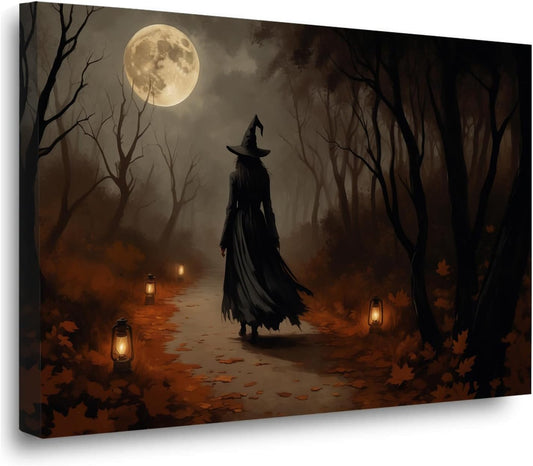Moonlight witch poster dim lantern Halloween decoration Gothic style dark retro college style canvas wall art suitable for living room bedroom12x16in Wood Framed
