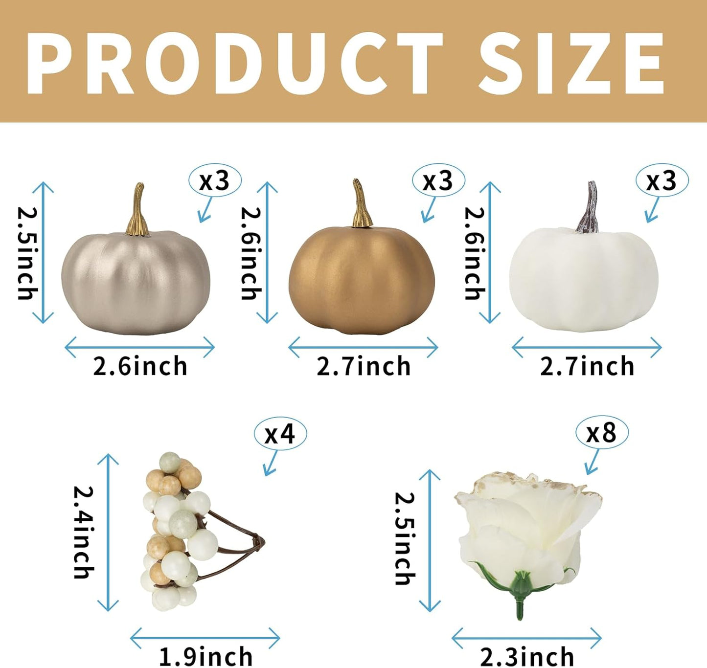 Fake Pumpkins, 21 Pcs White Artificial Pumpkins, Plastic Pumpkin Berries Rose Artificial Flowers Fall Decoration Kit for Thanksgiving Table Decoration