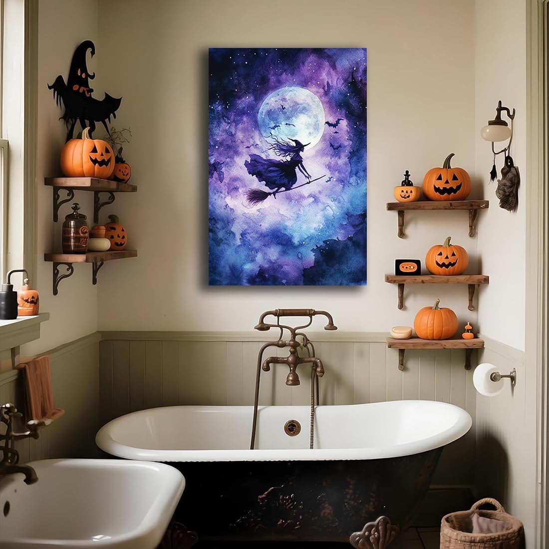 Witch On Broom Flying Wall Art,Gothic Halloween Canvas Wall Art,Victorian Witch Silhouette In Moonlight Broomstick Poster Pictures,Creepy Halloween Purple Night Sky Print,16"x24" Framed