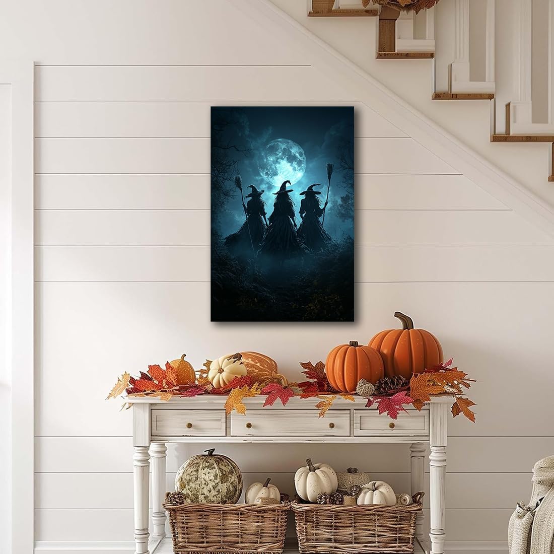 Moonlight Witches Halloween Canvas Art Picture,Three Witches on Broom in Forest Painting Print Gothic Decor,Halloween Witch Poster Witchy Room Aesthetic Bedroom Home Decorations,20"x30" Unframed